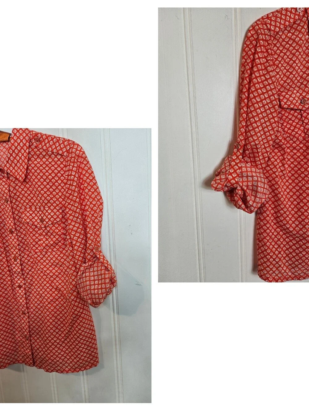 Tory Burch Brigitte Blouse 6 Checkerboard Roll Tab Utility Cotton Orange White